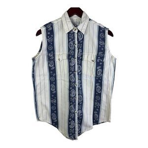 Vintage Women Denim Vest Size L Button Paisley Western PCC Public Clothing Co.